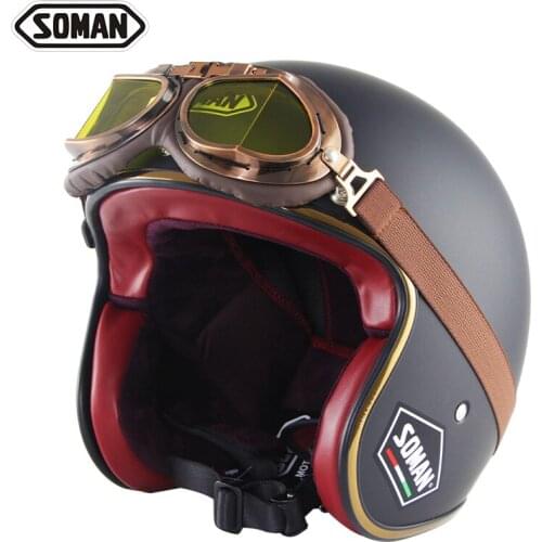 Motorcycle Helmet Leather Scooter Open Face Helmet Retro Classic Vintage Casque Moto Scooter Chopper Cruiser Helmet With Glasses