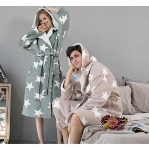 Unisex Sleepwear Winter Women Men Star Printed Hooded Long Sleeve Bathrobe Thicken With Sashes Belt Loose Nightgown Sleepwear#g3