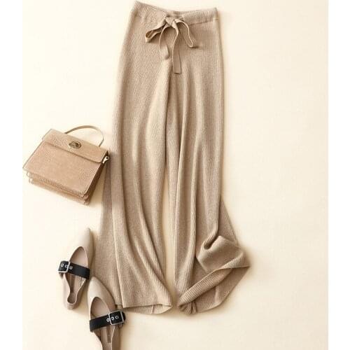 Autumn winter new style womens loose casual wide leg pants high quality 100% cashmere ribbed knit trousers