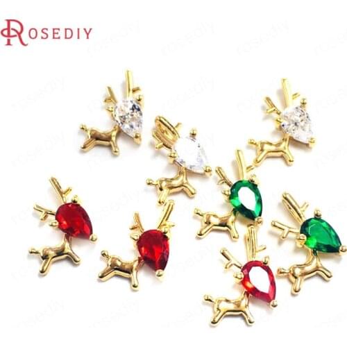 38786)10PCS 9x13MM 24K Champagne Gold Color Brass and Zircon Deer Charms Pendants Jewelry Making Supplies Diy Accessories