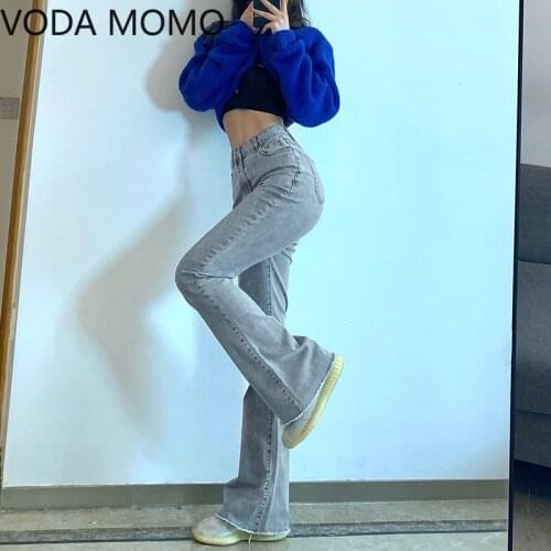 Casual Solid Flare Jeans woman For Girls Female Fashion 2021 Womens Vintage Denim Pants High Waisted Trouser Harajuku Capris