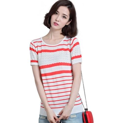 Woman Spring Plus Size Striped 10% Silk Pullovers Female Autumn O-neck Hedging Silk Sweatersr Lady Summer Hollow Out Sweater