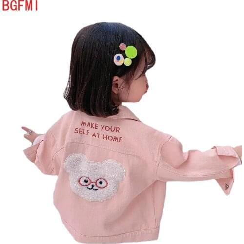 Teenager Girls' Pink Denim Jacket Childrens Long-sleeved Cardigan Spring 2021 New fall Kid Cartoon Single-breasted Lapel Jacket