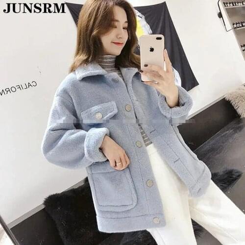 Chic Autumn Winter Thick Warm Solid Collar Buttons Outwear 2020 Fashion Women Faux Fur Jacket Coat Faux Cashmere Jackets Coats