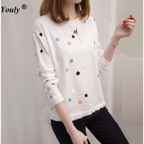 Women Dot printed Tassels T-shirt 2020 spring autumn Casual Round Neck long Sleeve top Fashion Loose Street Top Female plus siz
