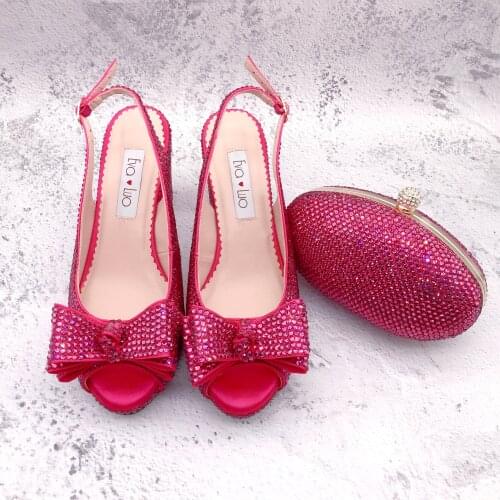 BS1293 Custom Handmade Slingbacks Shoes High Heels Women Bridal wedding Shoes Fuchsia Pink Crystal Bow Shoes With Matching Bag