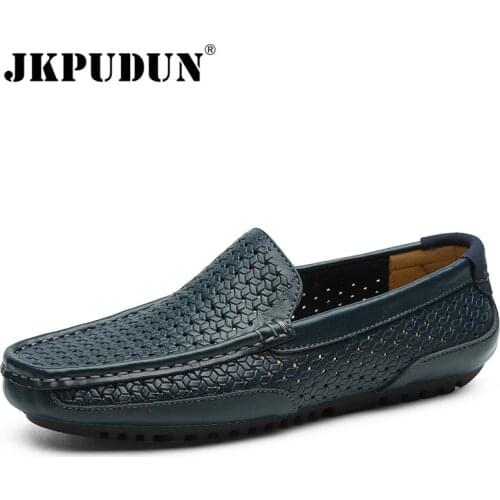 Summer Men Casual Shoes Luxury Brand Genuine Leather Mens Loafers Moccasins Hollow Out Breathable Slip on Driving Shoes JKPUDUN