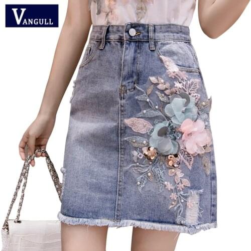 Vangull Summer Fall Women Beading Flower Tassel Irregular High Waisted Denim Skirt Designer Woman Embroidery Slim Jeans Skirts