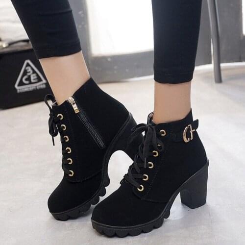 Ankle boots for women 2021 new elegant square heel shoes woman high heel solid vintage boots women lace-up ladies shoes