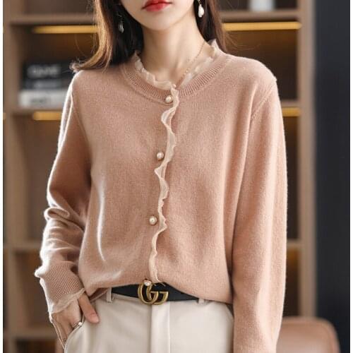 2021 new autumn winter cashmere sweater womens round neck solid lace cardigan with 100% wool knitted jacket