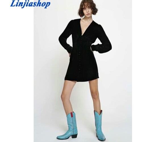 Sexy v neck dress women long sleeve vintage A line black mini dress velvet single breasted dresses chic femme robe