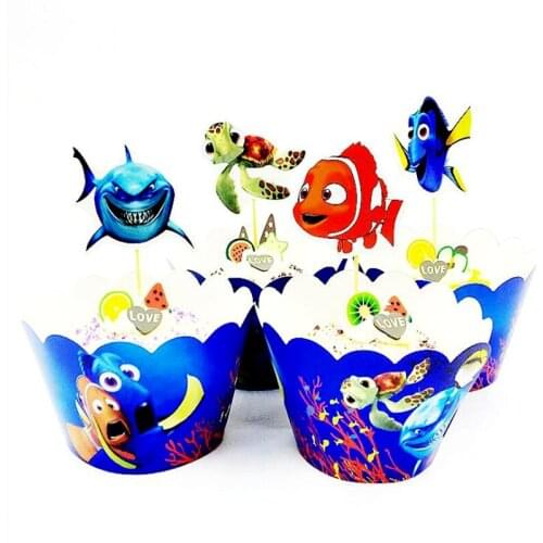 12PCS/lot Marine Animal Theme Boys Favors Supplies Cupcake Toppers Cake Wrappers Decoration Baby Shower Party Happy Birthday