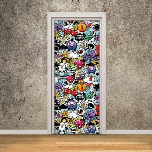 3D Cartoon Graffiti Wall Art Door Mural Wallpaper mural Wall Print Decal Wall Deco Wall Mural Photo self adhesive door wrap