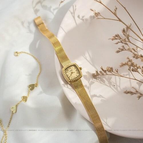 24K gold brass not fade new design fashion retro womens watch Japanese luxury square small dial watch thin strap quartz watch