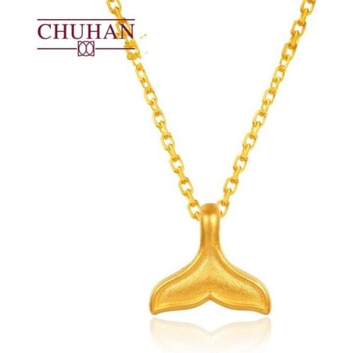 CHUHAN 999 Pure Gold Dolphin Fish Tail Gold Necklace Pendant 3D Hard Gold Mermaid Tail Pendant Jewelry Clavicle Necklace Female