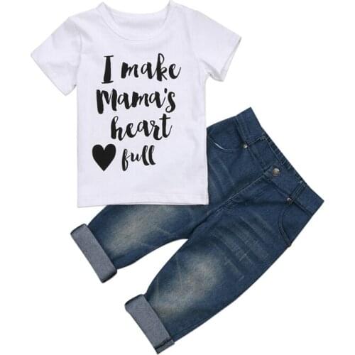 1-5Y Casual Children Clothing Kids Boy Clothes Short Sleeve Letter Cotton T-shirt Top+Denim Pants 2PCS 2017 Children Clothes Set