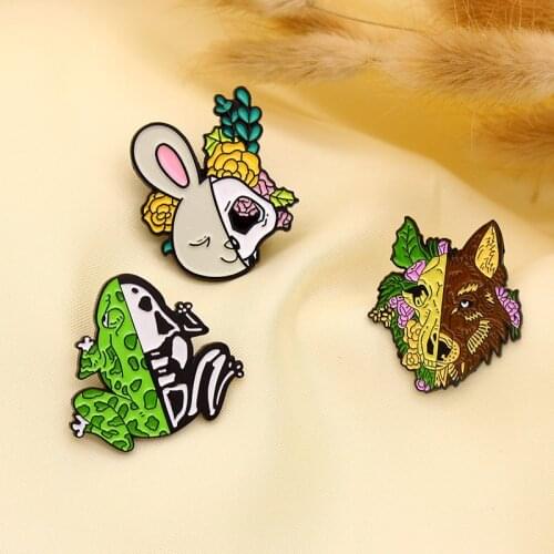 XEDZ Animal Bone Specimen Enamel Pin Green Frog Flower Rabbit Beast Skull Mask Fashion Badge Punk Lapel Pin Jewelry Friend Gift