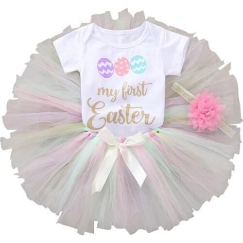 Newborn Baby Girl Clothes Sets 3pcs My First Easter Letter Printed Romper Tops and Mesh Tutu Skirt Set with Headband