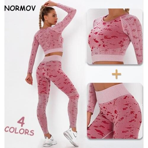 NORMOV Seamless Women Yoga Set Workout Shirts Sport Pants Bra Gym Suits Fitness Shorts Seven Top High Waist Running Leggings
