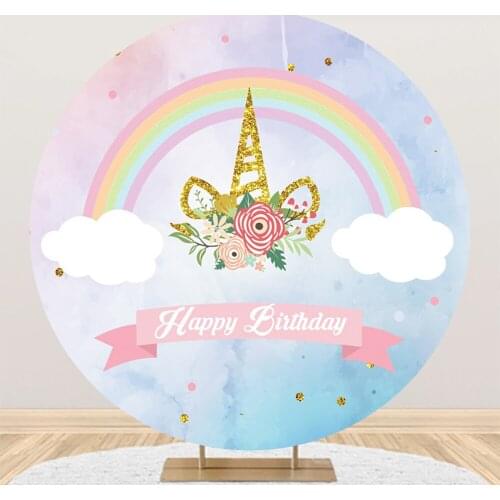 Laeacco Rainbow Unicorn Round Background Baby Happy Birthday Gradient White Circle Photograohic Backdrops Kids Customized Poster