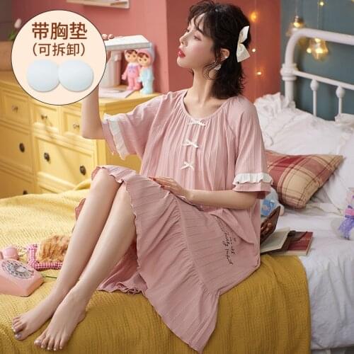 Summer Nightdress For Women Kawaii Sweet Pink White Bows Sleeping Dress Loose Pregnant Woman Homewear Outdoor Cotton Sleepwear