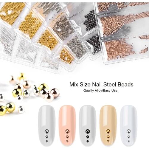 Mix Size Mini Small Stainless Steel Beads for Nails Art Designs Decorations Silver Gold Caviar 3D Micro Ball Nail Art Charm 2021