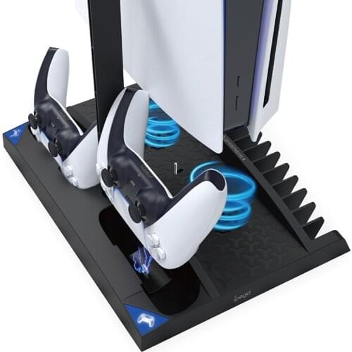 Multifunctional Stand 2 Controller Charging Dock Cooling Fan 17 Game Discs Storage with Headphone Hanger for Play Station 5 PS5