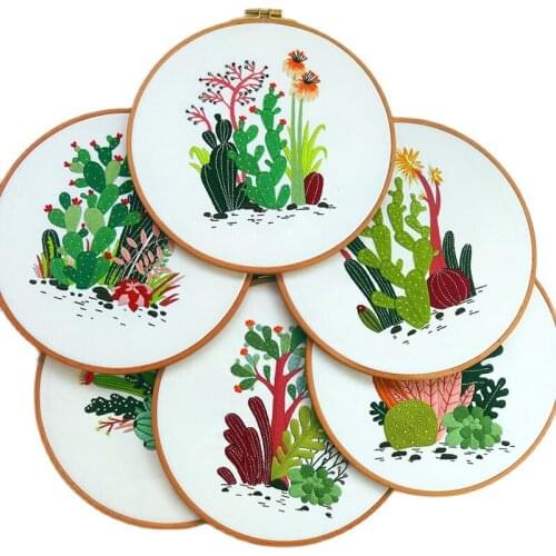 Green Plant DIY Embroidery Kit Cactus Pattern Printed Cross Stitch Embroidery Frame Needlework Sewing Art Painting Craft Decor