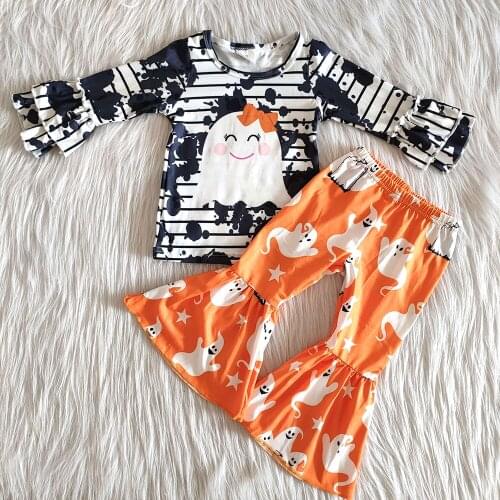 New arrival fashion fall children outfit girl ruffle top and bell pants clothing set baby girls striped design halloween set