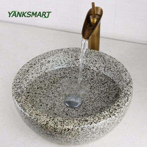 YANKSMART NEW Ceramic Round Washroom Basin Vessel Vanity Sink Bathroom Mixer Basin Washbasin Brass Faucet Set w/ Drain