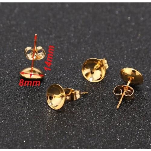 New Gold tone Blank Earring Setting Base Fit 8MM Cabochon Stainless Steel Stud Earrings Jewelry Making