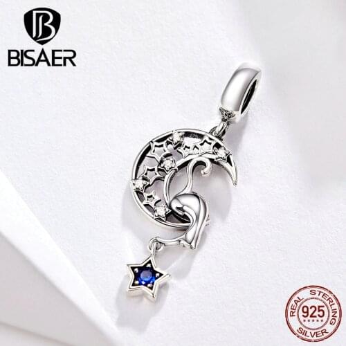 BISAER Cat And Moon Tale 925 Sterling Silver Moon Shape Cat Star Pendant Charms fit Beads Bracelets DIY Jewelry ECC1205