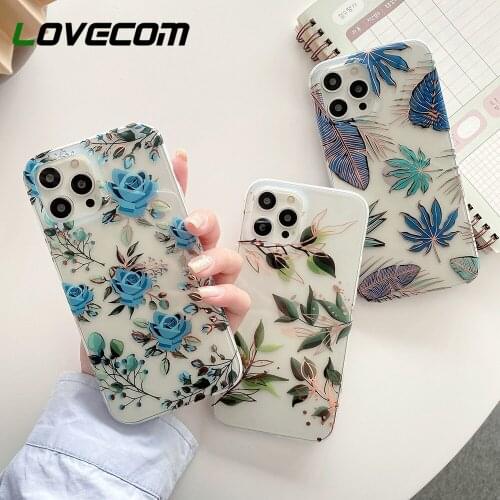 LOVECOM Blue Rose And Banana Leaf Plating Line Clear Phone Case For iPhone 11 12 Pro Max X XS Max XR 7 8 Plus Soft IMD Cover Bag