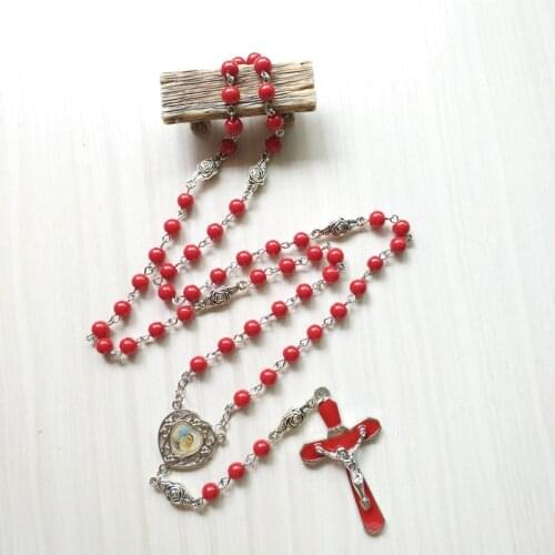 QIGO Religious Catholic Jewelry Red Glass Rosary Necklace Rose Enamel Cross Pendant For Men Women