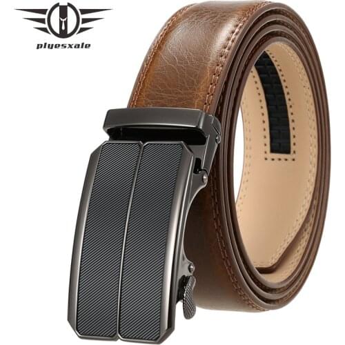 Plyesxale Genuine Leather Belts For Men High Quality Mens Belts Luxury Alloy Automatic Buckle Casual Belt Black Dark Brown B381