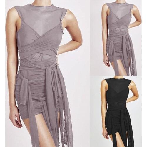 Ribbons Mesh See Through Party Dresses Women Sexy Clubwear Mini Dress Solid Sleeveless Outfits