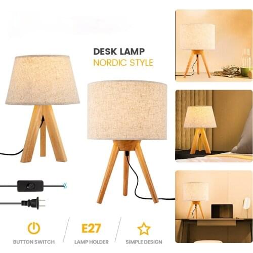 LED reading lamp simple cloth cover wooden table lamp Nordic style with plug switch E27 lamp holder table lamp overall