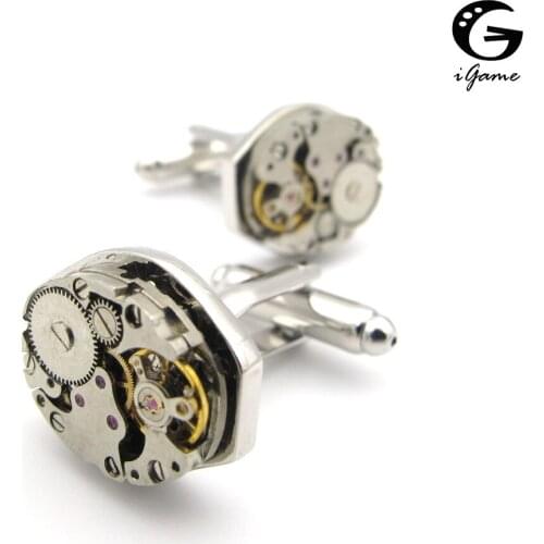IGame New Arrival Mechanics Cuff Links Silver Color Watch Movement Design Shirt Cufflinks Free Shipping