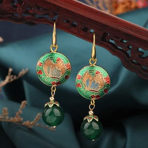 Summer butterfly Vintage Simple Long Green cloisonne Drop earrings,Ethnic Nature stones earrings Ethnic Jewelry for womens