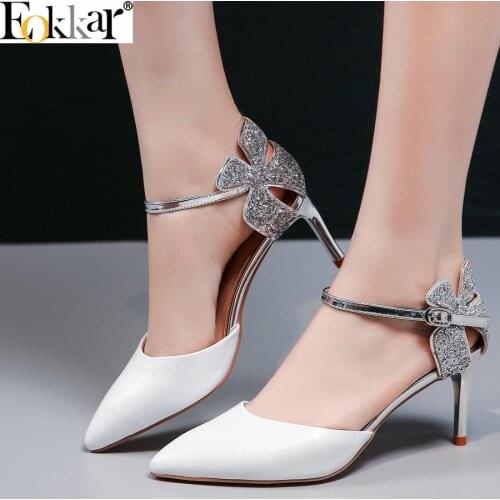 Eokkar 2019 Fashion Pointed Thin Heels 7CM/5CM Stiletto Women Shoes Party Cow Leather PU Black Pumps Platform Shoes Size 34-39