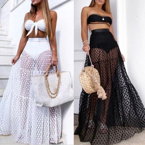 Women High Waist Sexy Sheer Mesh Pleated Maxi Long Skirt Polka Dot Print Tulle Bodysuit Swimwear Bikini Beach Cover Up Wholesale