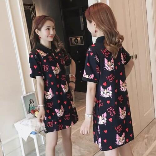 Women Dress Sweet Cute Cat Print Femme Dresses Loose Lolita Vestidos Short Sleeve Plus Size Summer платье летнее