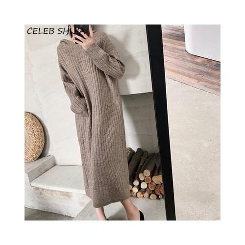 SHIJIA New Korean Knitted Dress Woman Hooded Full-sleeve Long Dress Sweater Female Autumn Winter 2021 Elegant Chic Knitwear