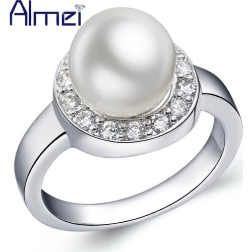 Almei Wedding Silver Color Ring with Big Simulated Pearls Zircon Women Rings Black\White Anillos Moda Jewelry Bijuteria J363