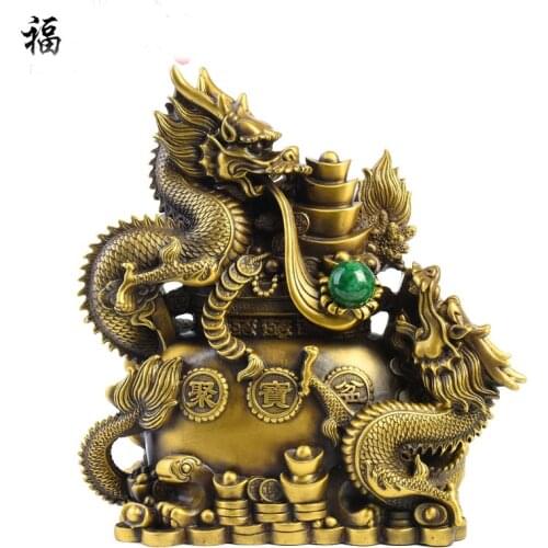 LARGE HOME OFFICE SHOP BUSINESS ART THRIVING BUSINESS WEALTH GOOD LUCK MASCOT # DOUBLE DRAGONS GOD FENG SHUI BRASS STATUE