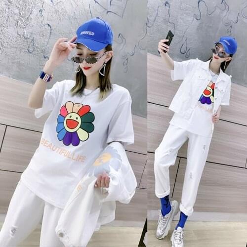 Denim Plus Size Three-piece Suit Spring/summer New Casual T-shirt + Loose Pants + Denim Vest 3-piece Womens Fashion Sports Suit