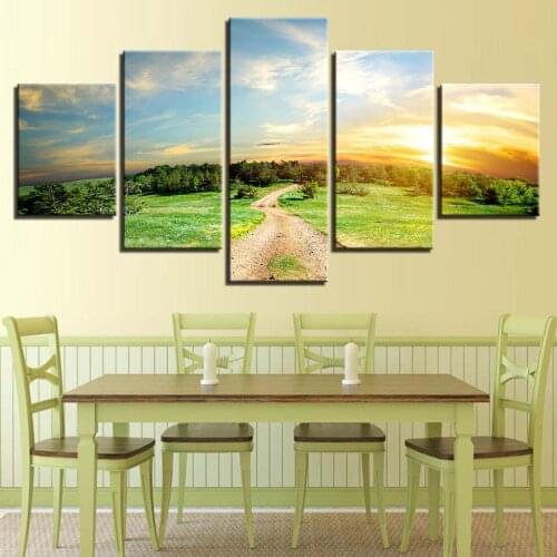 Tableau Wall Art Picture Home Decor Canvas Painting 5 Panel Sunset Green Forest Natural Landscape Modern HD Print Modular Poster