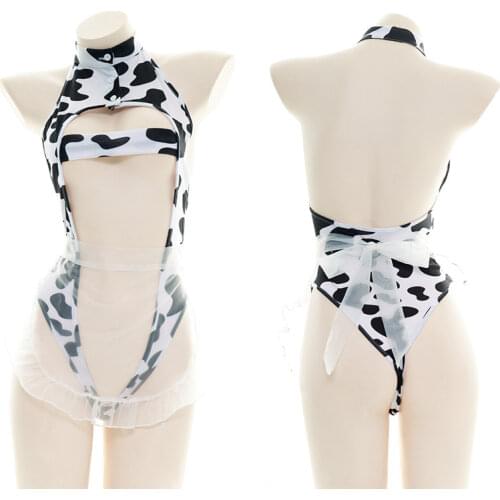 Kawaii Cute Sexy Lingerie Anime Cow Cosplay Outfit Transparent Stripper Slutty Clothes Uniform Maid Apron Dress for Women Girls