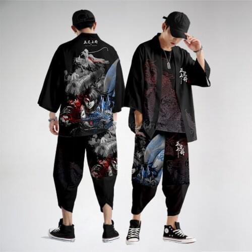 Kimono Japanese Traditional Colours Asian Men Male 5 Colours Loose Short Sleeve Top Trousers Leisure Streetwear Panda Patterned