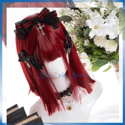 Red Lolita Wig Harajuku Sakura Sweet 30cm Long Straight Hair Shoulder Length Fringe Bangs Adult Girls Strawberry Hair